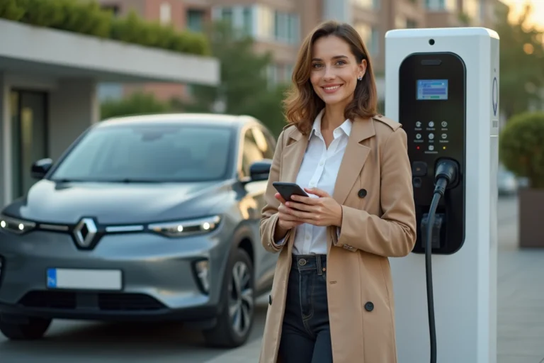 Femme élégante avec SUV électrique devant station de recharge