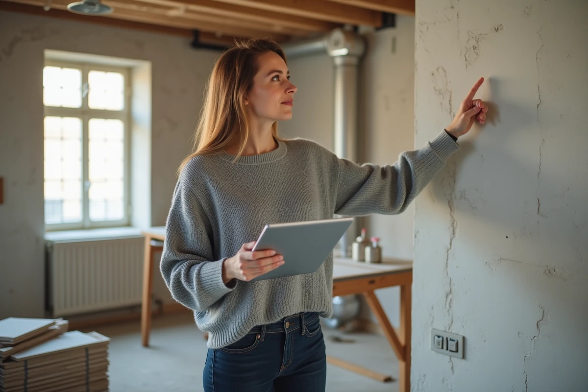 Femme tenant une tablette avec comparatif de taux de prêt travaux dans une cuisine en cours de rénovation