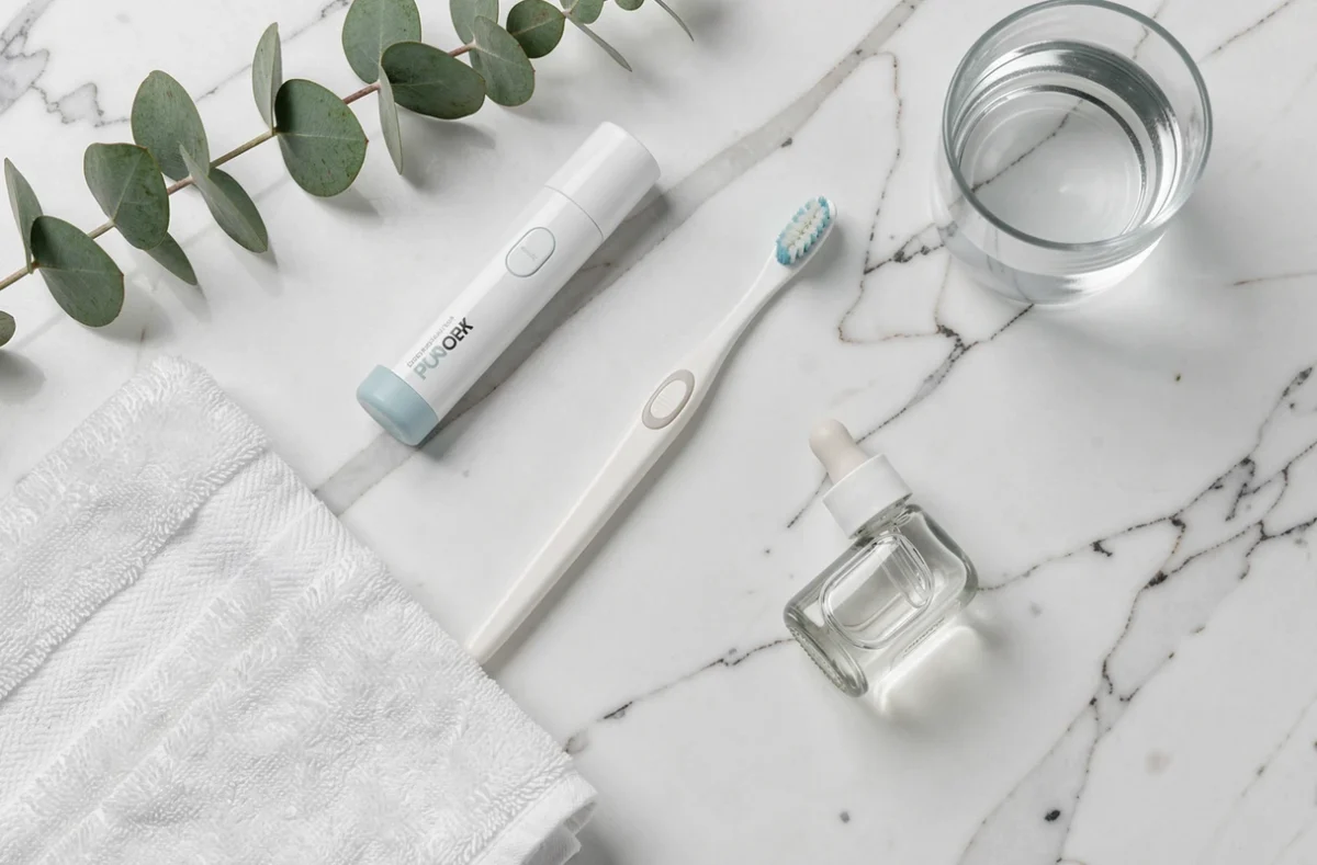 Flat lay élégant d'un kit de blanchiment dentaire The Smilist sur marbre blanc avec accessoires de soin