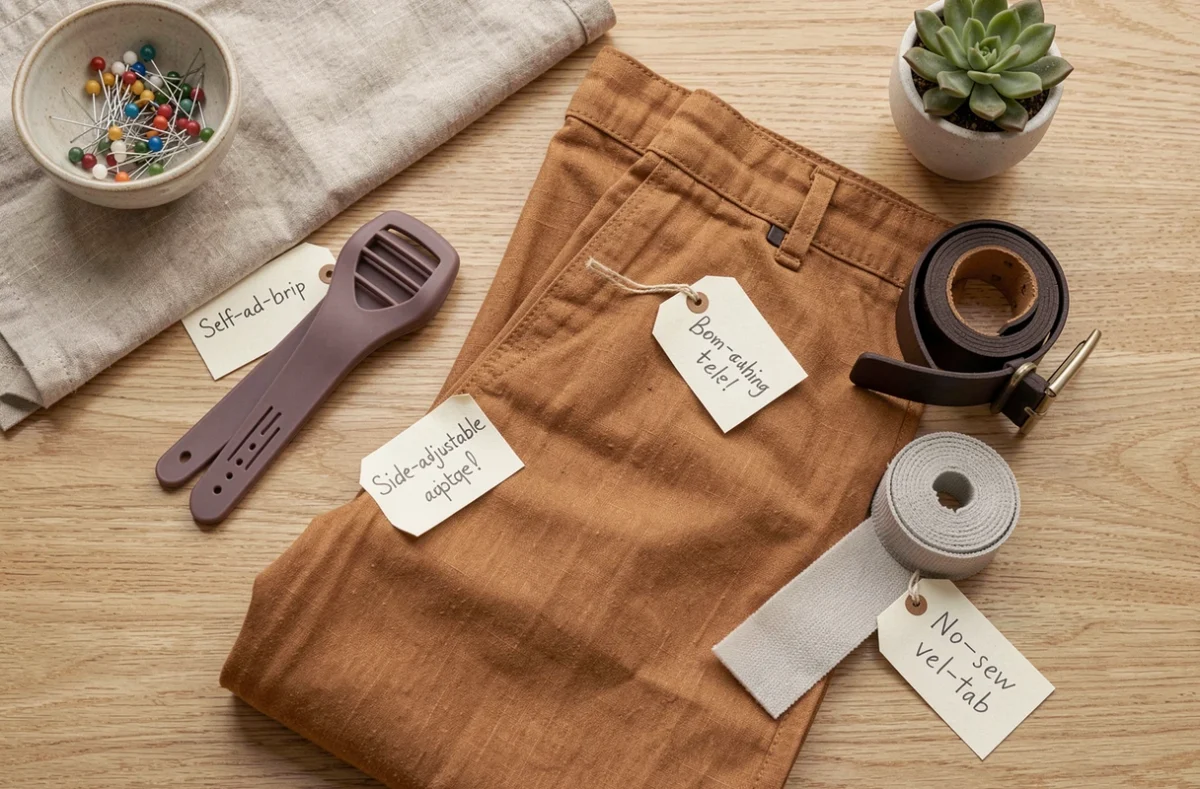 Flat lay des différentes solutions pratiques pour faire tenir une ceinture sans passant sur un pantalon en lin