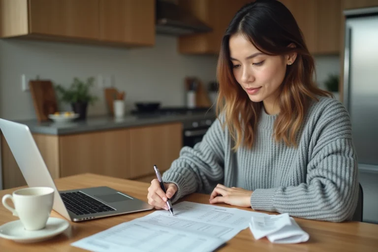 Femme gérant son budget familial avec des documents financiers et un ordinateur portable sur une table en bois dans une cuisine moderne