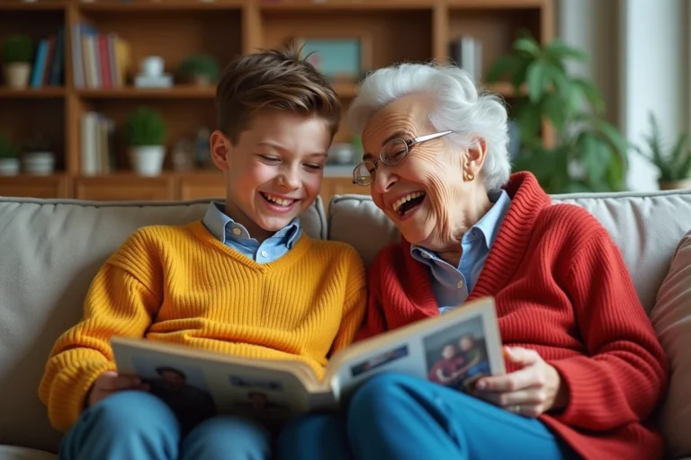 Grand-mere et petit-enfant rient ensemble sur le sofa