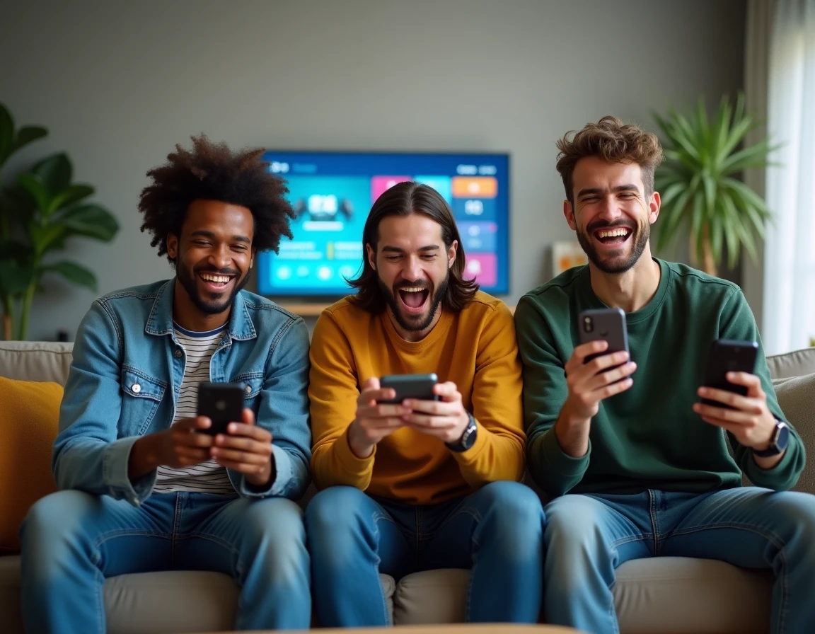 Groupe d'amis jouant à Candy Crush sur leurs smartphones dans un salon moderne, représentant la communauté mondiale des joueurs passionnés