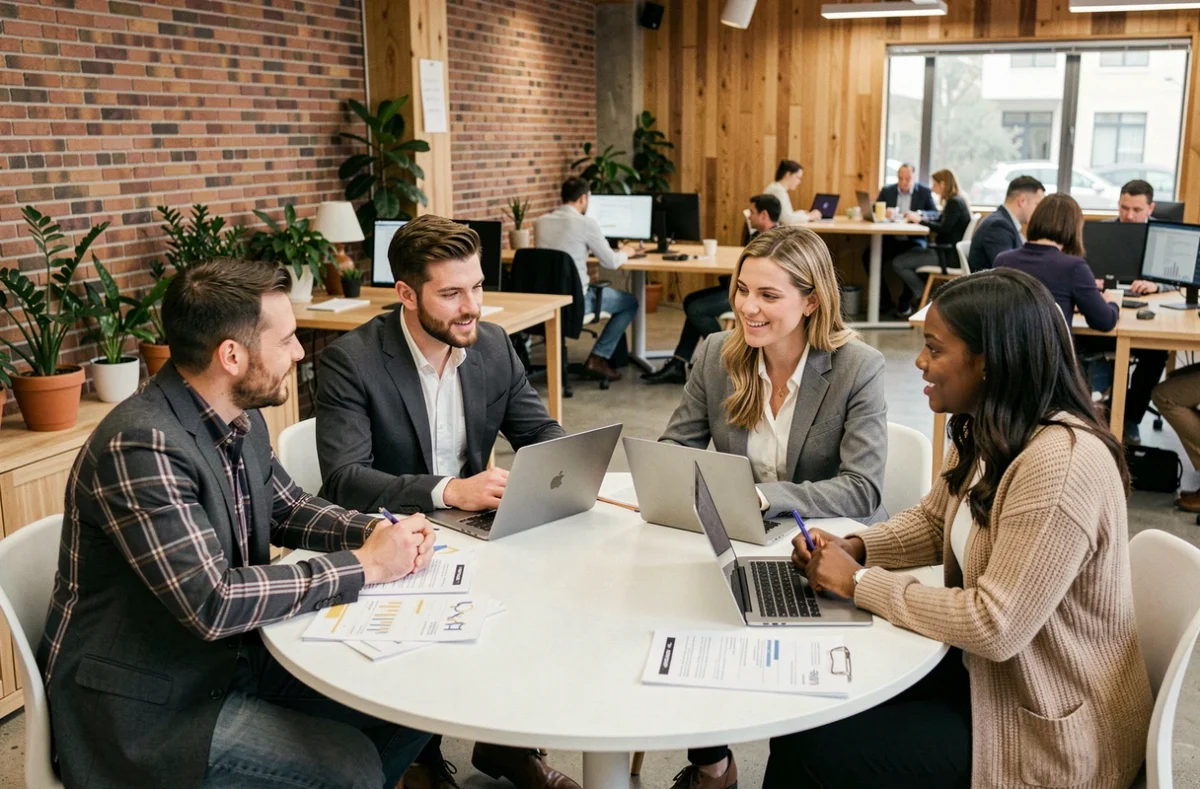 Groupe de professionnels en discussion collaborative autour d'une table lors d'un atelier Discovery Meeting en espace coworking