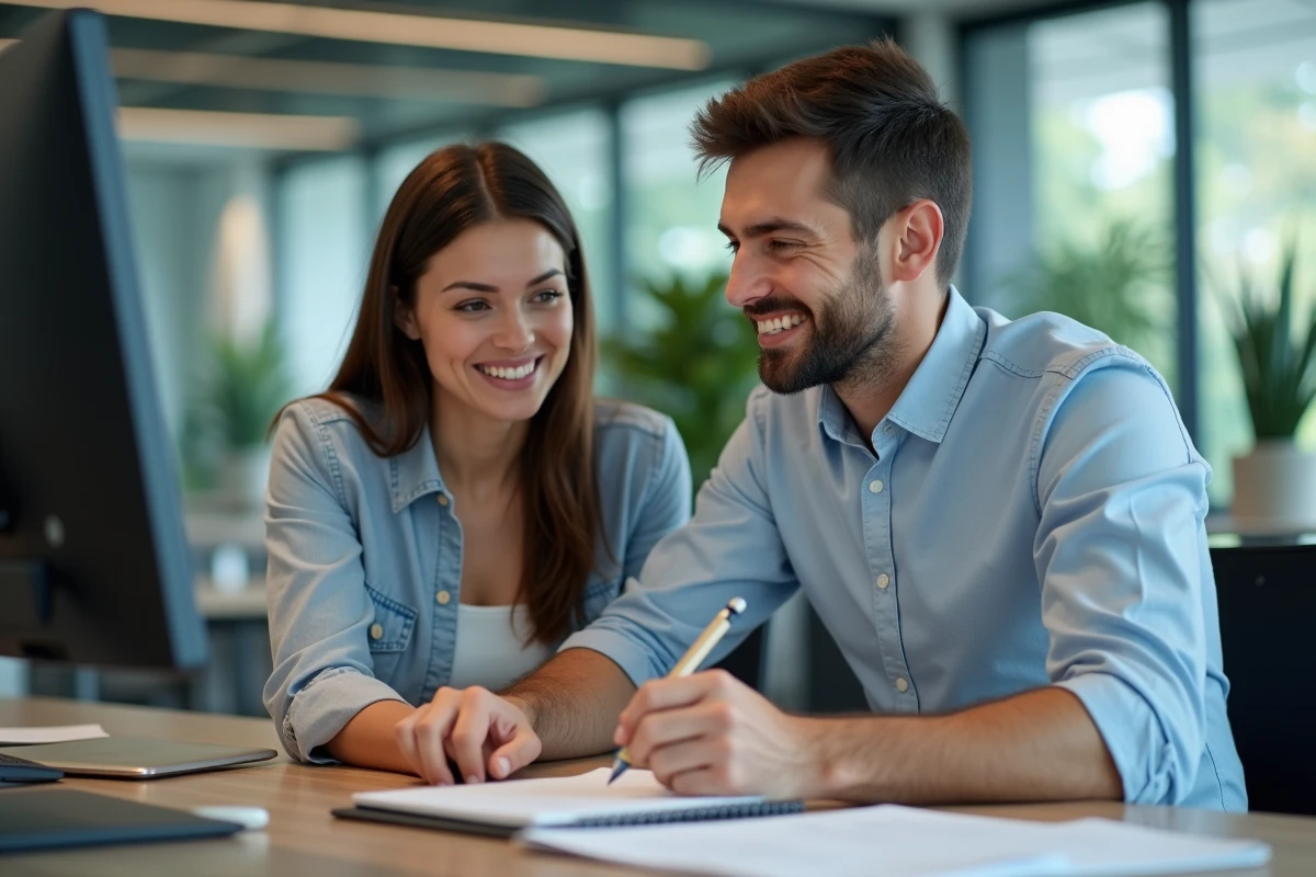 Deux collègues consultant un guide de connexion à un compte professionnel sur un ordinateur de bureau