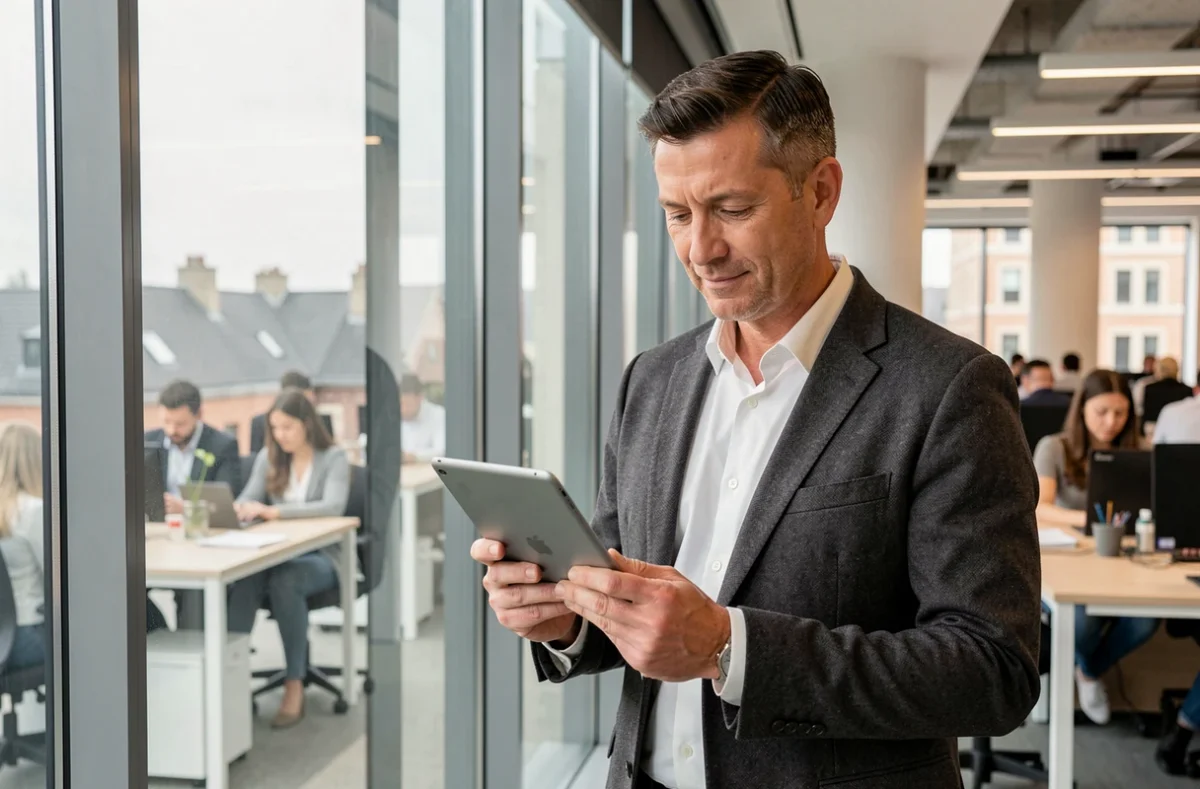 Homme d'affaires lisant les actualités sur une tablette dans un bureau moderne avec vue sur la ville