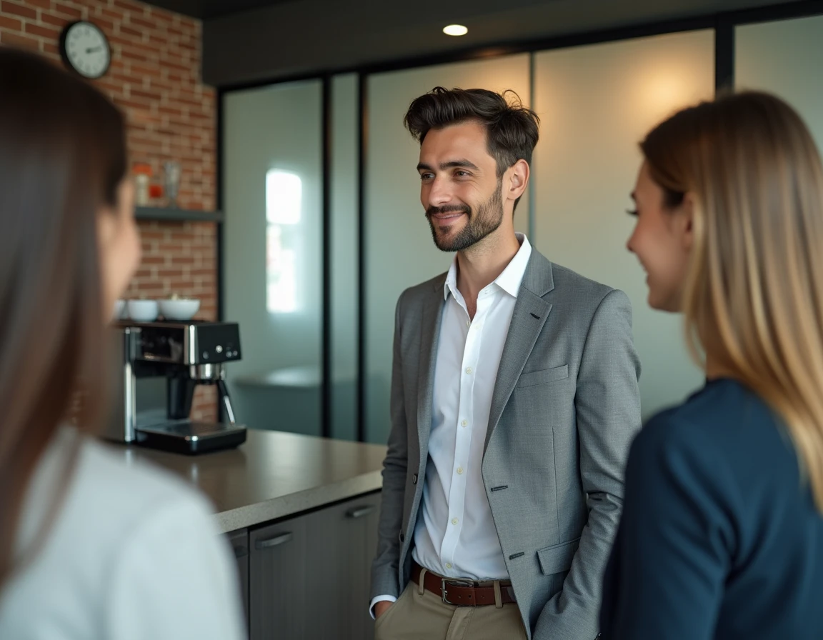 Collègue masculin attentif et souriant près de la machine à café, langage corporel ouvert révélant une attirance secrète au travail