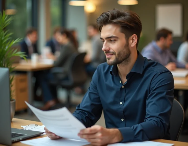 Homme au bureau regardant discrètement une collègue avec un sourire retenu, signe d'attirance secrète au travail