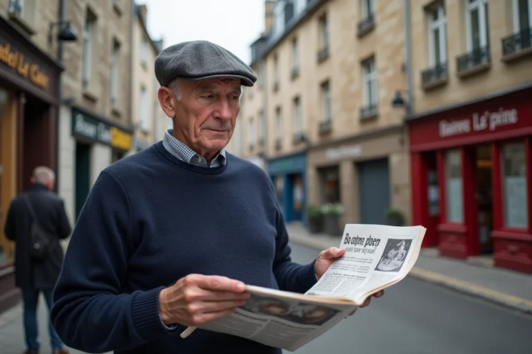 Homme breton en pull marin lisant un journal dans la rue de Rennes