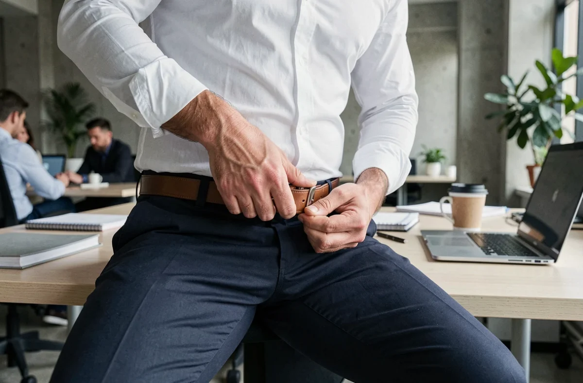 Homme attachant une ceinture sans passant à clipser sur un pantalon chino au bureau