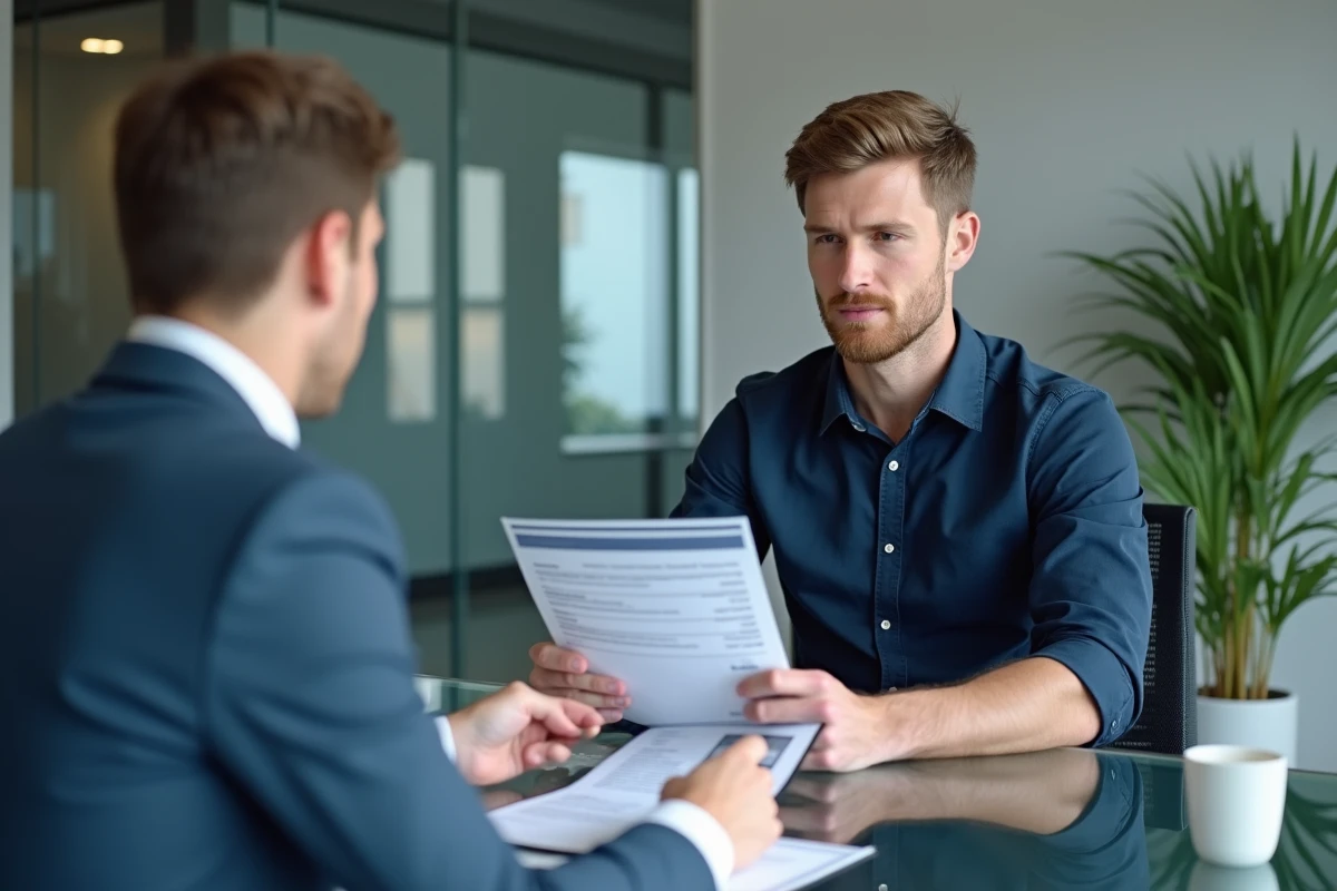 Un jeune homme en réunion avec un conseiller financier dans une agence bancaire, comparant des offres de crédit sur des documents imprimés posés sur un bureau en verre