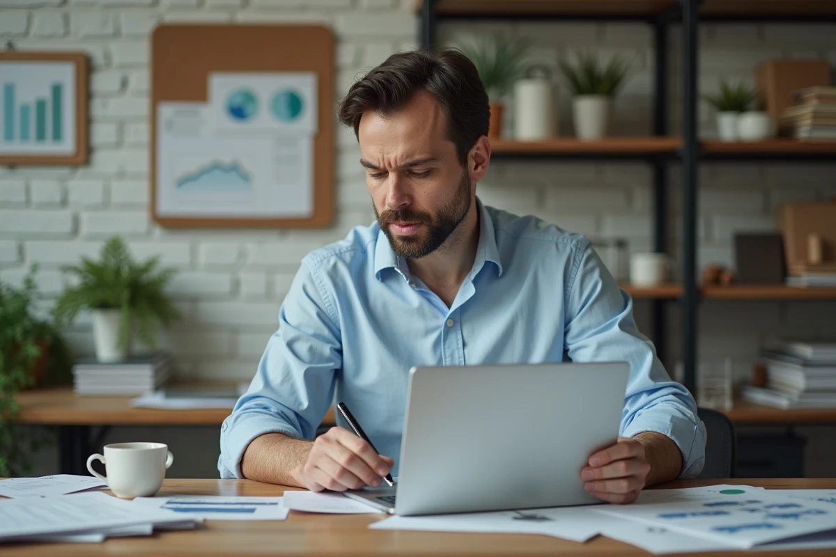 Homme consultant des documents de prêt travaux sur un bureau avec un ordinateur portable dans un bureau à domicile moderne