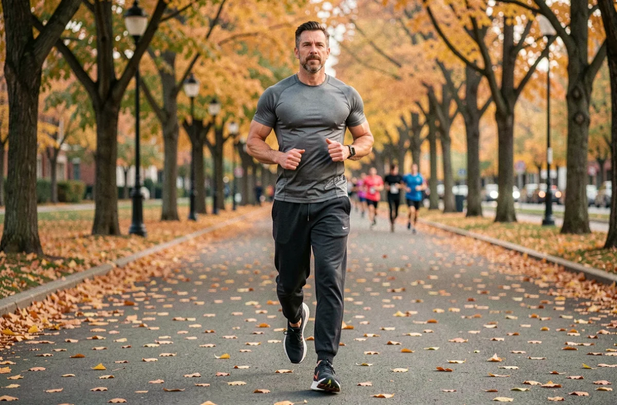 Homme qui court dans un parc en automne dans le cadre d'un programme de perte de poids efficace