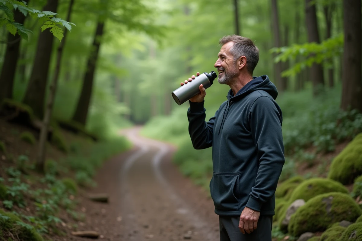 Homme en tenue de sport buvant en forêt