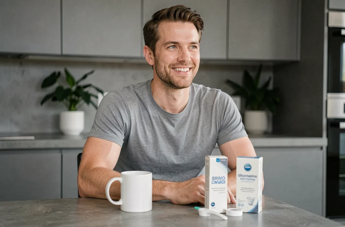 Homme détendu avec un produit de soin blancheur dentaire posé sur un comptoir de cuisine moderne