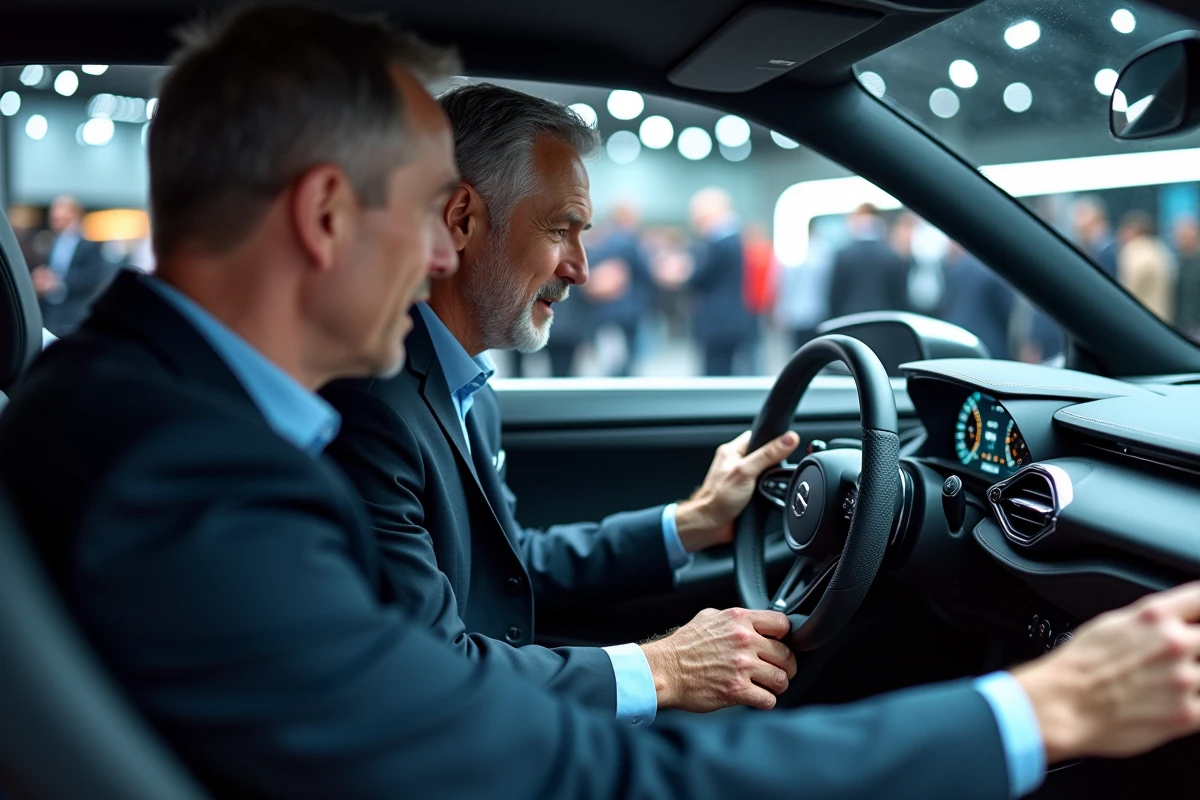 Deux hommes discutant du tableau de bord d