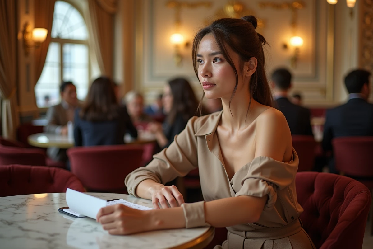 Influenceuse élégante en blouse en soie assise dans une brasserie parisienne luxueuse, consultant des documents liés à sa réussite financière et entrepreneuriale