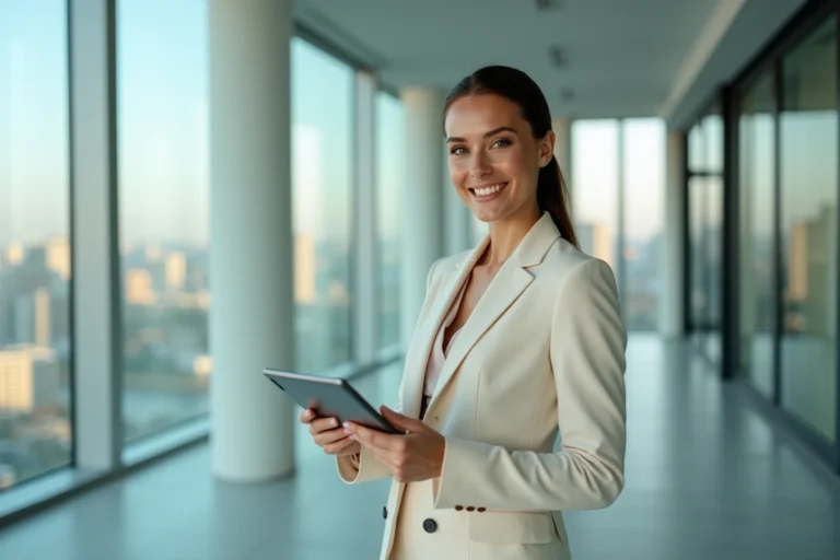 Jeune influenceuse professionnelle en blazer crème tenant une tablette dans un bureau moderne avec vue sur la ville, incarnant le succès et l'entrepreneuriat digital