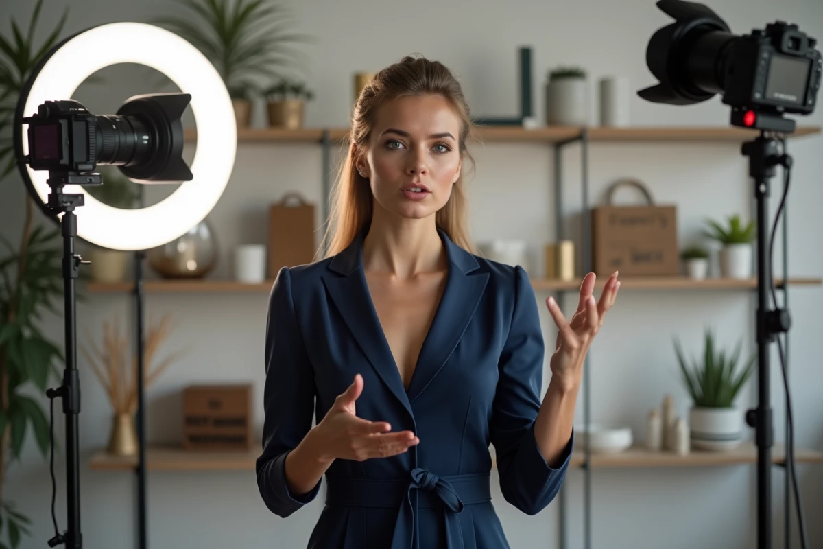 Influenceuse en studio de création de contenu devant un trépied professionnel et des produits de marque, illustrant le parcours et les revenus d'une carrière digitale réussie