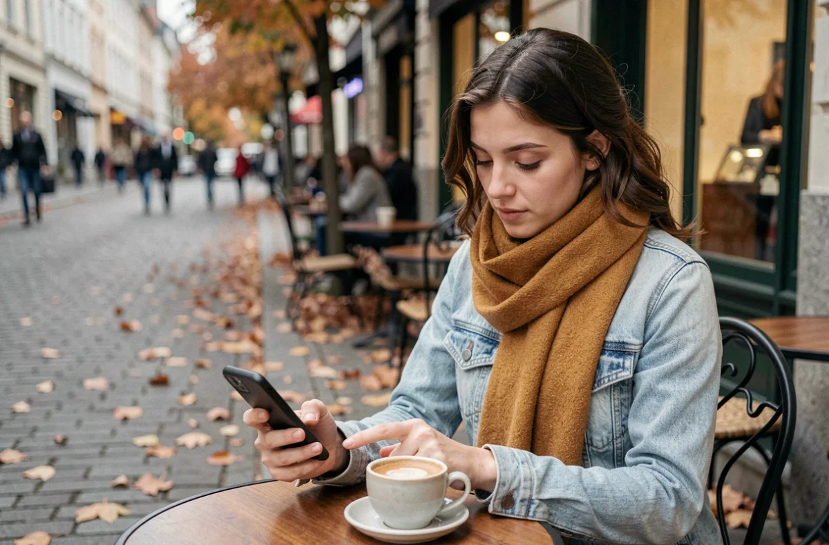 Jeune femme parcourant les actualités sur son smartphone en terrasse de café en automne