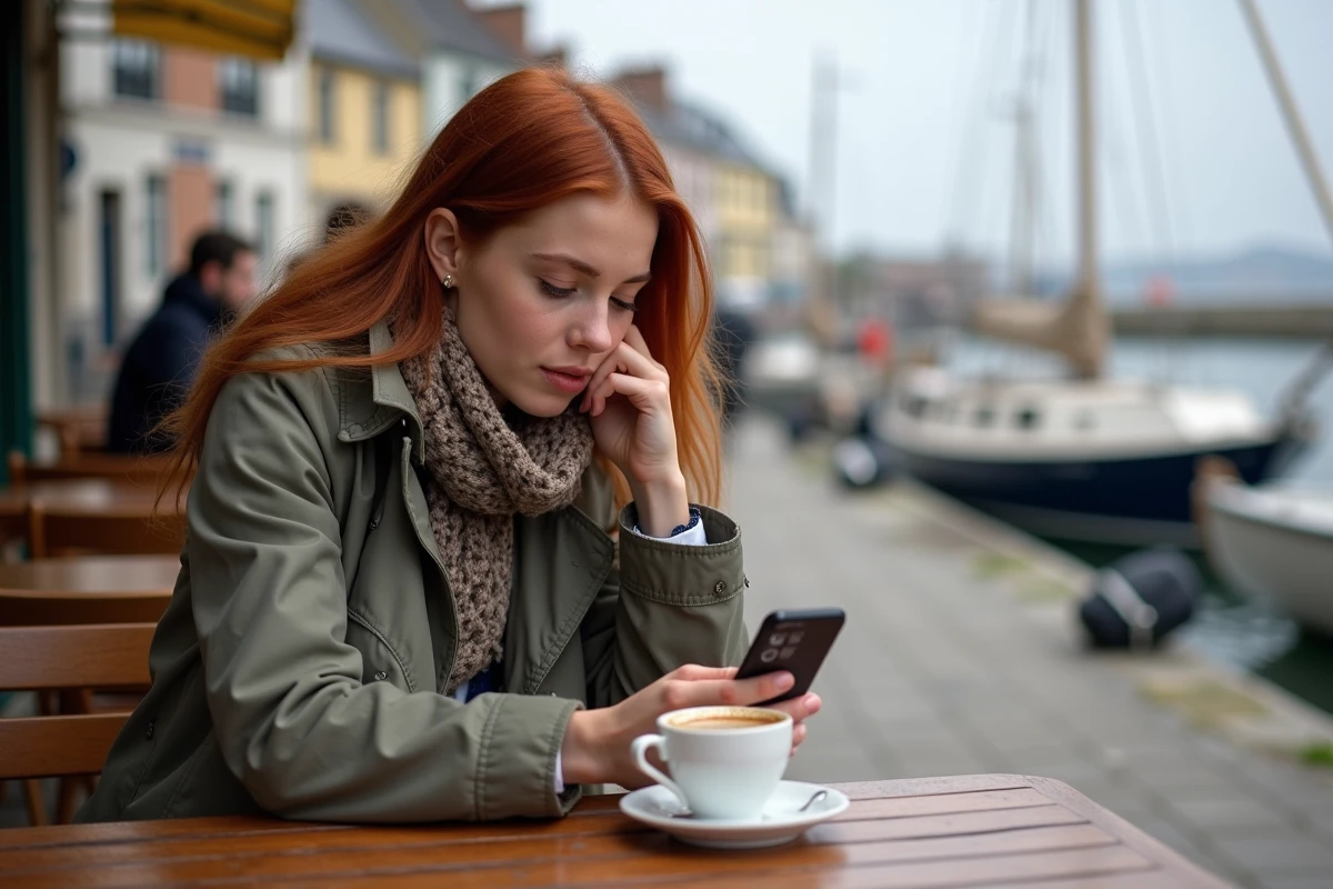 Jeune femme bretonne sirotant un café au port de Saint Malo