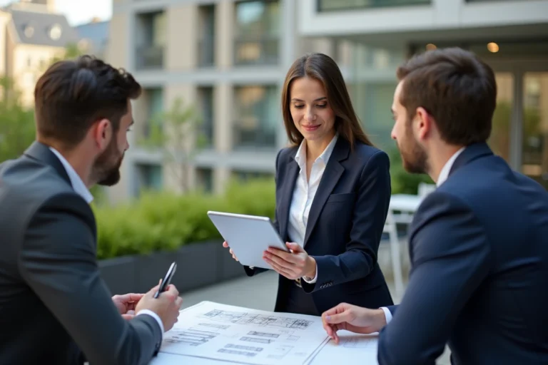 Jeune femme en blazer navy présente des plans architecturaux à ParisSaclay
