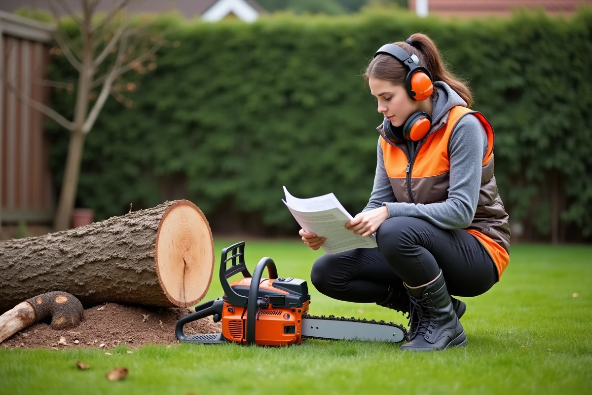 Jeune femme vérifiant un manuel avec une tronçonneuse dans le jardin