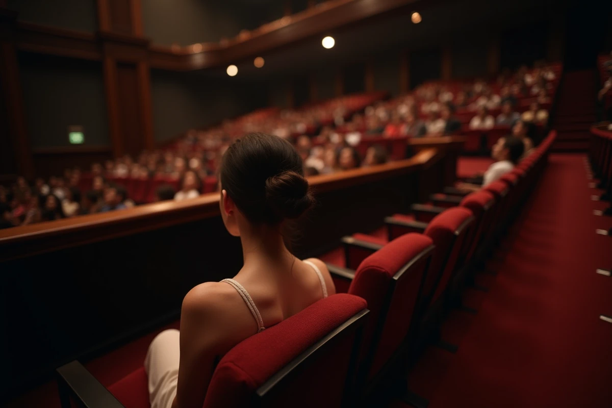 Jeune femme seule dans l auditorium avec pilier devant