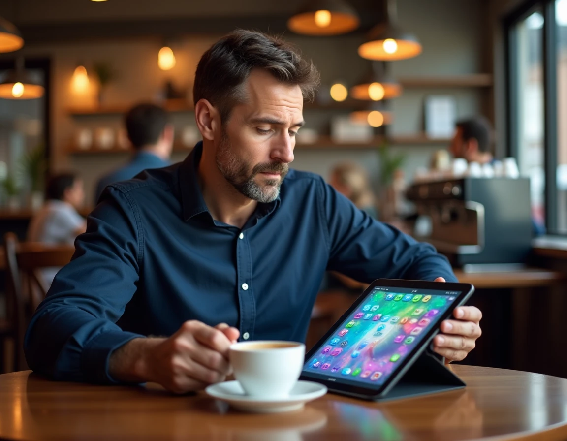 Homme jouant à un jeu de puzzle sur tablette dans un café urbain animé, évoquant l'univers compétitif de Candy Crush