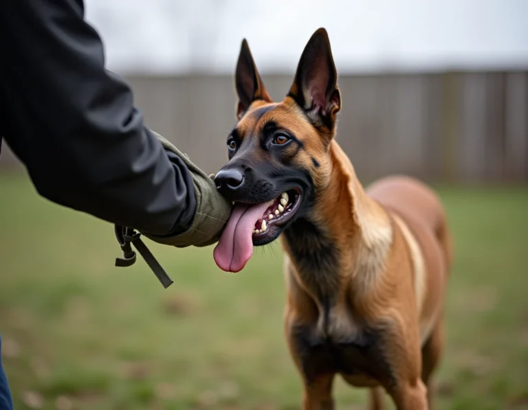 Malinois belge mordant un manchon d'entraînement lors d'un exercice de travail en morsure, illustrant la puissance de sa mâchoire