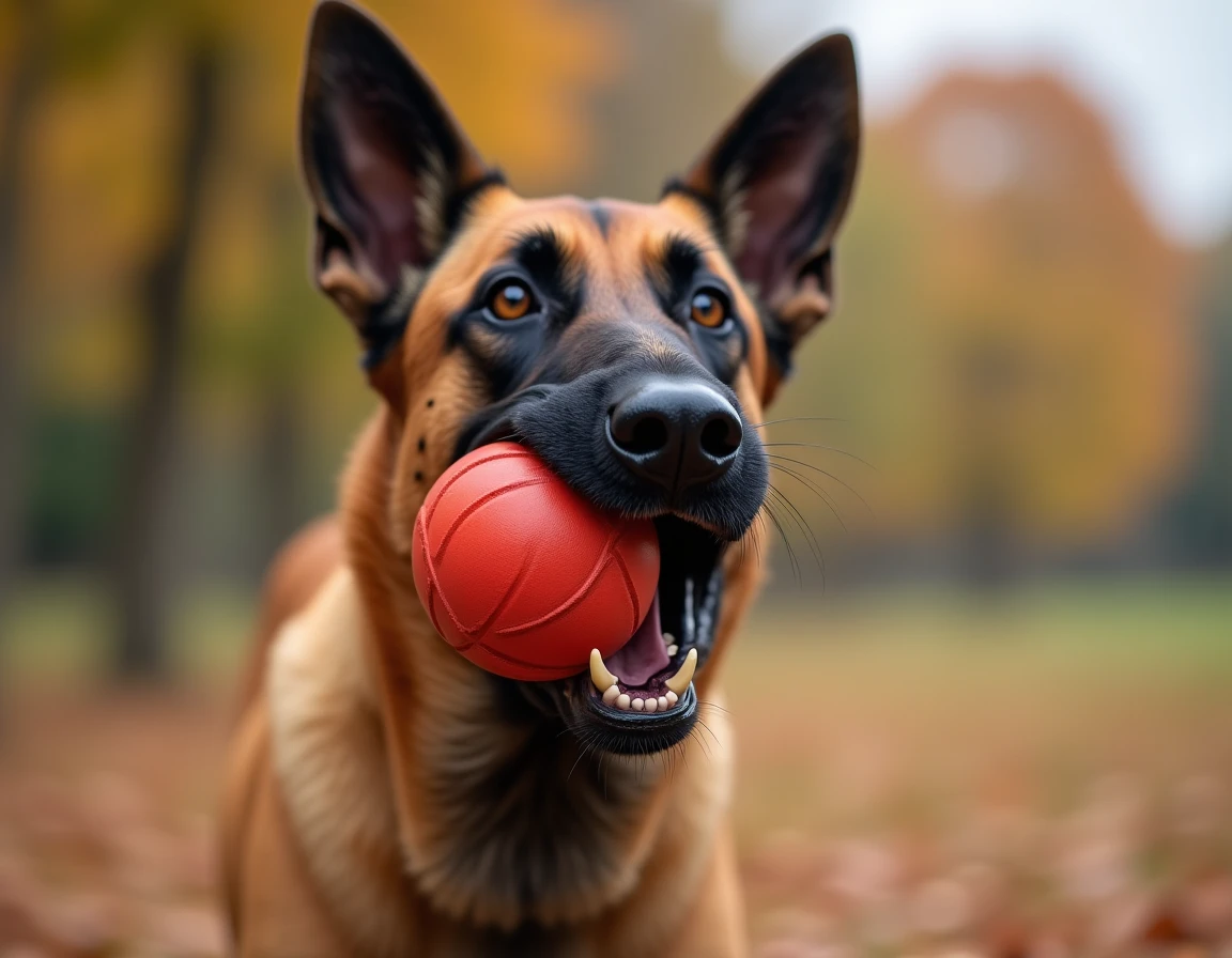Gros plan du profil d'un malinois belge saisissant un jouet en caoutchouc avec sa mâchoire puissante lors d'une séance de jeu en extérieur