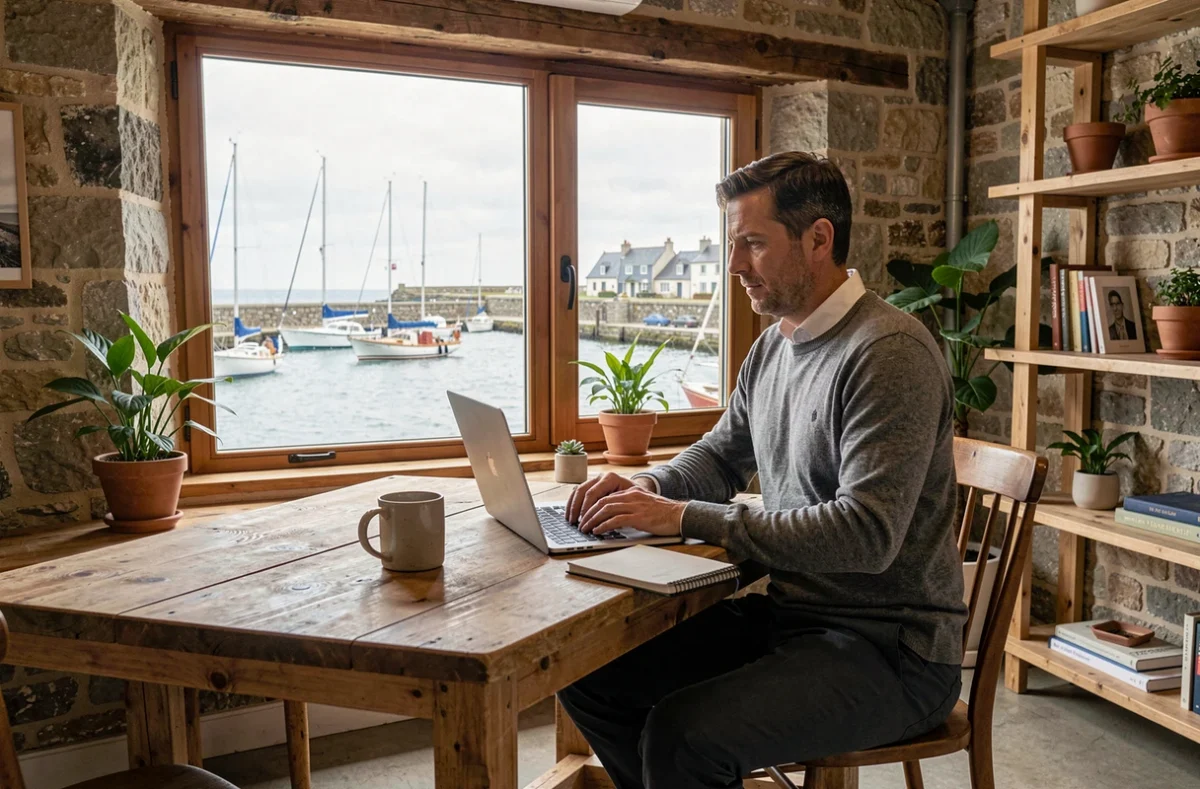 Homme travaillant dans un espace de coworking breton avec vue sur un port de plaisance, symbolisant les opportunités professionnelles en Bretagne