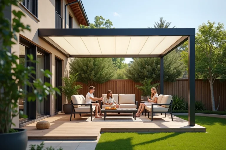 Pergola en polycarbonate dans un jardin résidentiel avec des adultes profitant de l'ombre en été sur une terrasse en bois
