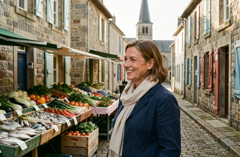 Femme souriante dans une rue bretonne en granit avec marché local, illustrant la qualité de vie en Bretagne