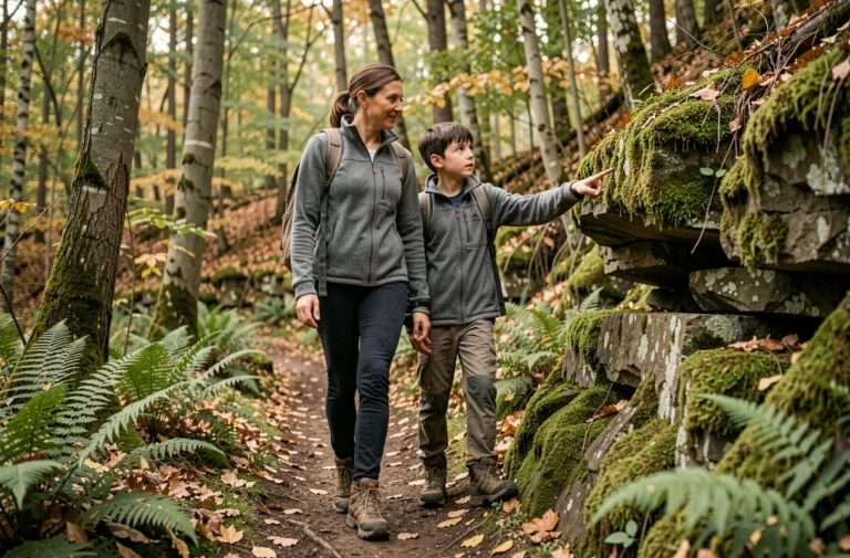 Femme et adolescent en randonnée sur un sentier forestier automnal, activité nature en famille