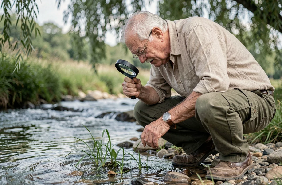 Homme âgé observant la nature au bord d'un ruisseau, activité loisir plein air pour seniors