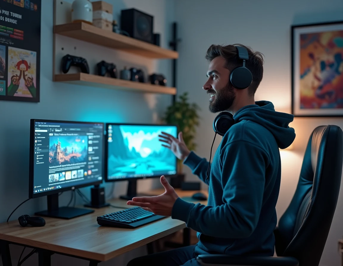 Homme passionné de gaming et de pop culture travaillant sur un double écran dans un bureau à domicile décoré de posters et de manettes
