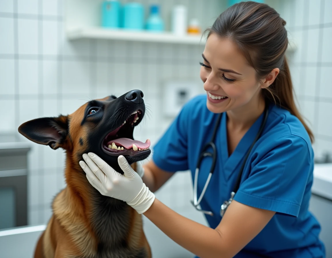 Vétérinaire examinant la mâchoire et les dents d'un malinois belge lors d'une consultation, mettant en valeur l'anatomie dentaire de la race