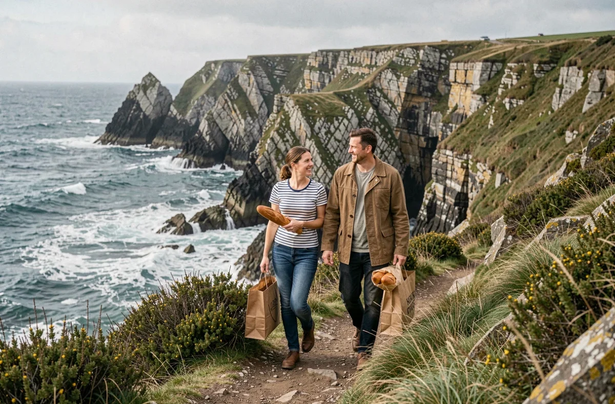 Couple se promenant sur un sentier côtier breton avec falaises atlantiques, évoquant le coût de la vie abordable et le cadre naturel de la Bretagne