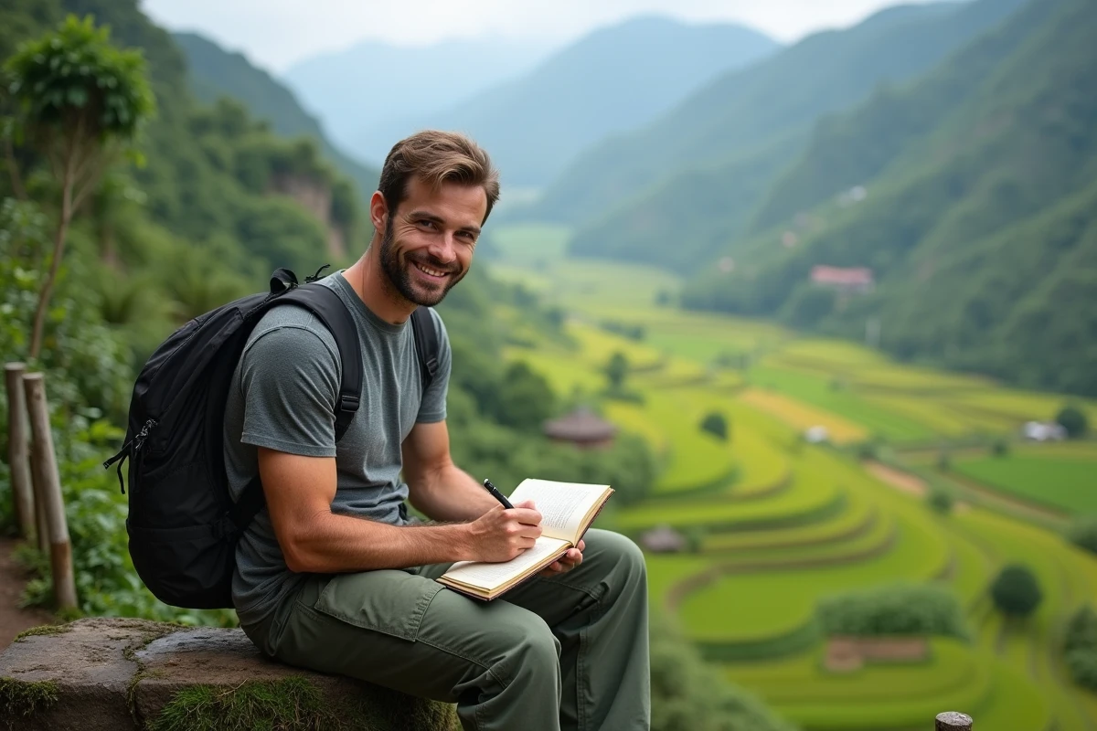 Voyageur écrivant dans son carnet face à des rizières en terrasses en Asie du Sud-Est, conseils pour aventures mémorables