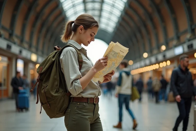 Voyageuse consultant une carte dans une gare européenne avec un sac à dos, illustrant les astuces pour voyager facilement