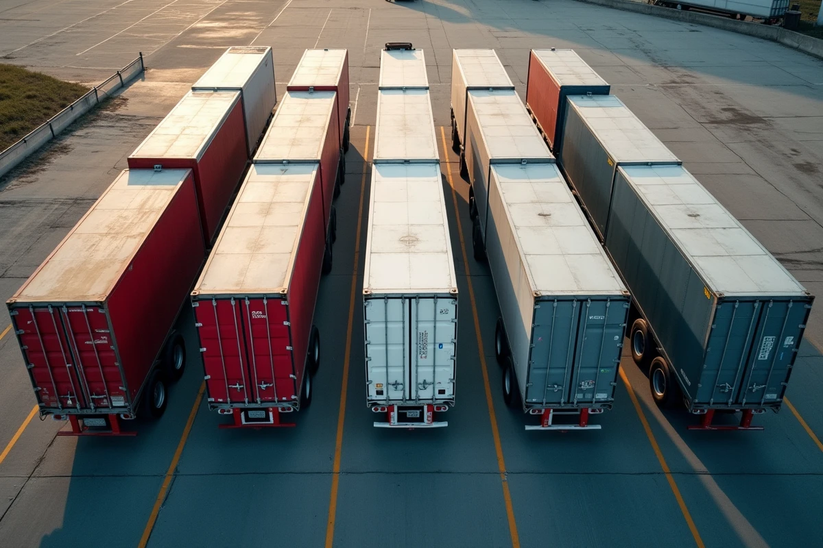 Vue aérienne de plusieurs remorques de camions alignées dans un parc logistique, illustrant les dimensions standardisées des véhicules